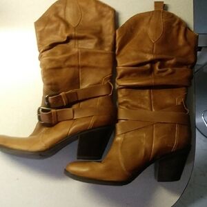 Tan Leather Heeled Boots with Strap Detail